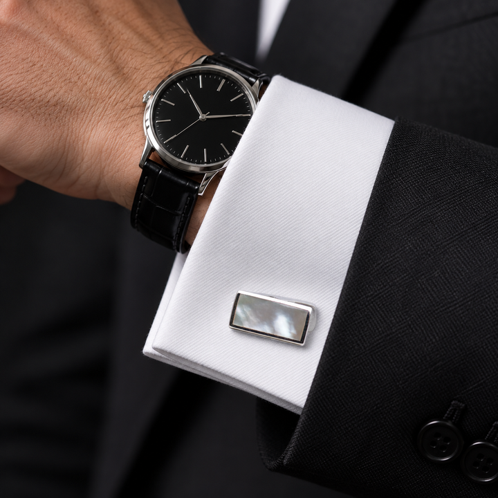 White Mother-of-Pearl Rectangular Cufflinks in Rhodium-Plated Sterling Silver – High-Polish Whale-Back Cuff Links