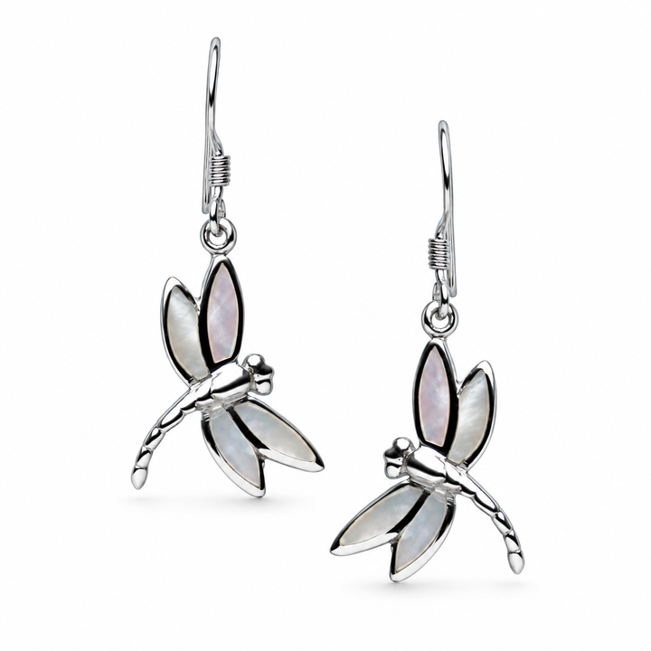 White Mother-of-Pearl Dragonfly Earrings in Rhodium-Plated Sterling Silver – 1.33-Inch Fishhook Dangles