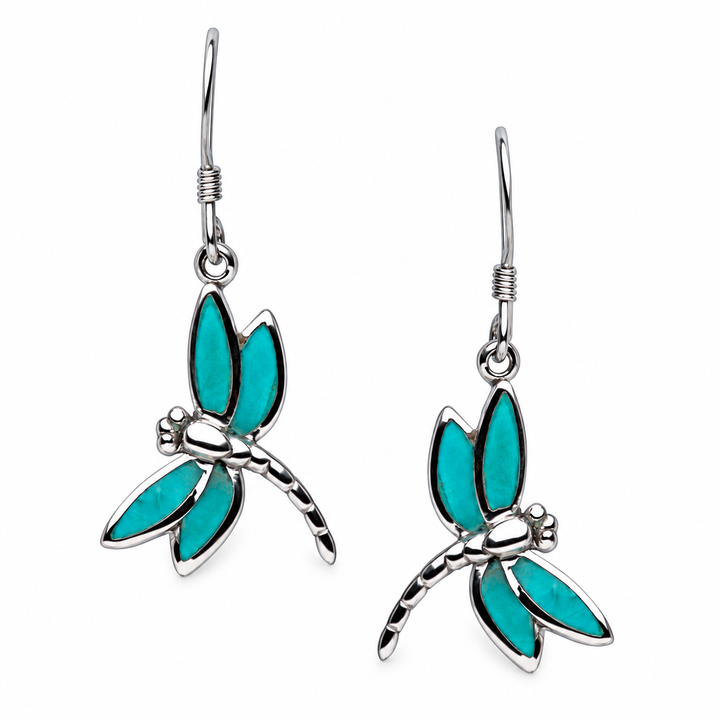 Created Green Turquoise Dragonfly Drop Earrings in Rhodium-Plated Sterling Silver – 1.33 Inch Fishhook Dangle Earrings
