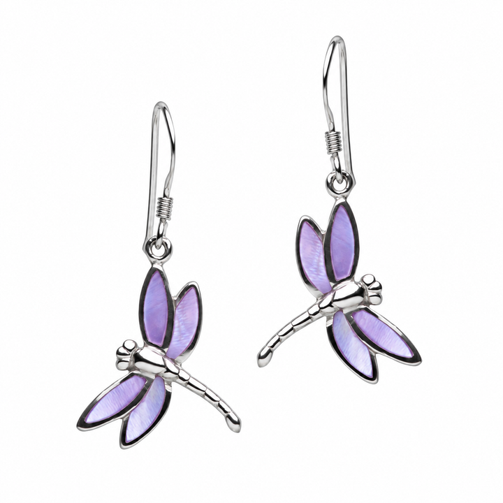 Lavender Mother of Pearl Dragonfly Drop Earrings in Rhodium-Plated Sterling Silver – 1.33 Inch Fishhook Dangle Earrings