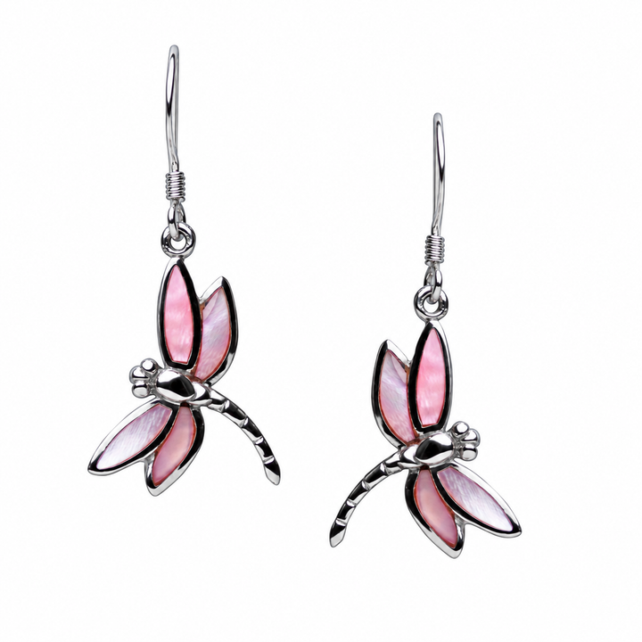 Pale Pink Mother of Pearl Dragonfly Drop Earrings in Rhodium-Plated Sterling Silver – 1.33 Inch Fishhook Dangle Earrings