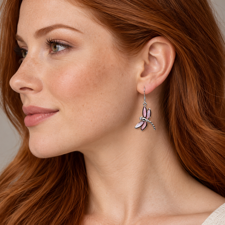 Pale Pink Mother of Pearl Dragonfly Drop Earrings in Rhodium-Plated Sterling Silver – 1.33 Inch Fishhook Dangle Earrings