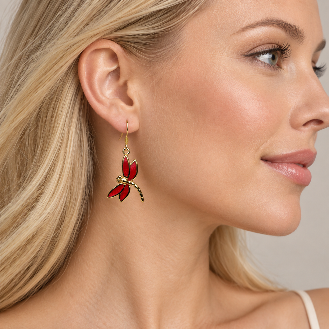 Created Red Coral Dragonfly Drop Earrings in 14K Yellow Gold-Plated Sterling Silver – 1.33 Inch Fishhook Dangle Earrings