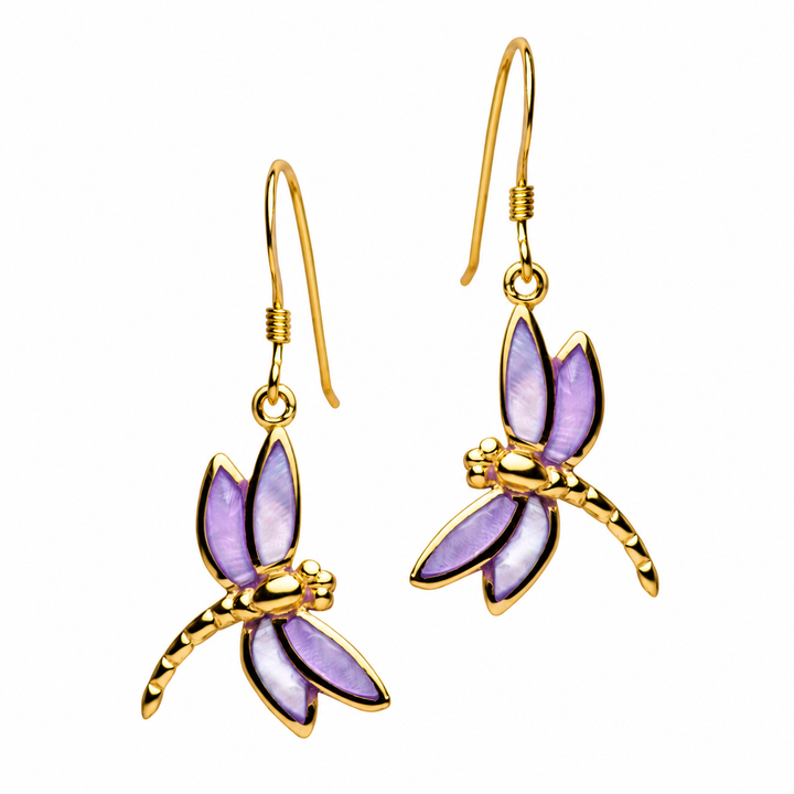 Light Purple Mother of Pearl Dragonfly Drop Earrings in 14K Yellow Gold-Plated Sterling Silver – 1.33 Inch Fishhook Earrings