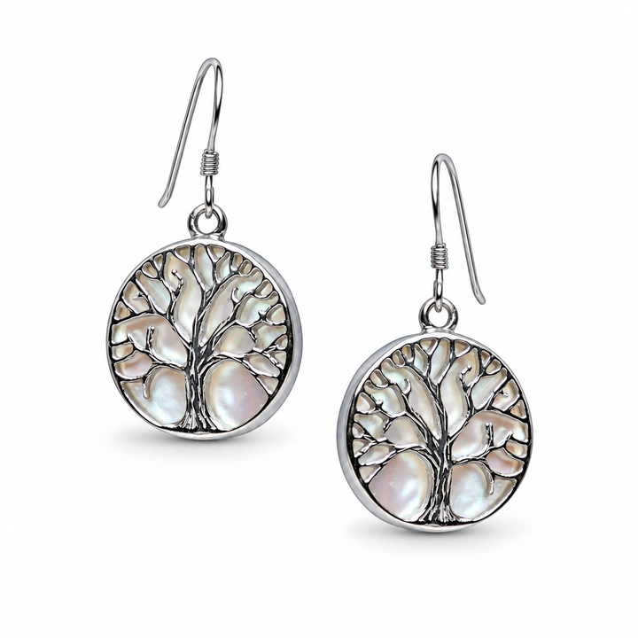 White Mother-of-Pearl Tree of Life Sterling Silver Earrings