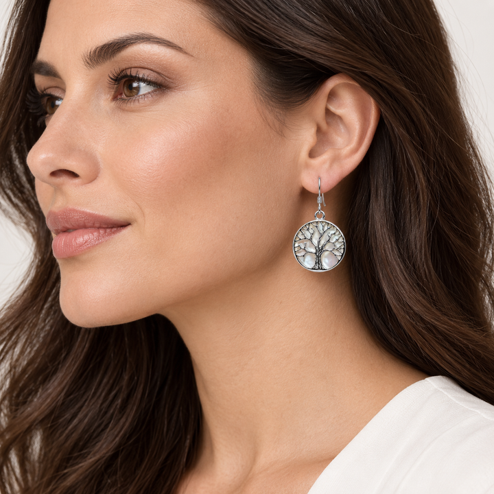 White Mother-of-Pearl Tree of Life Sterling Silver Earrings