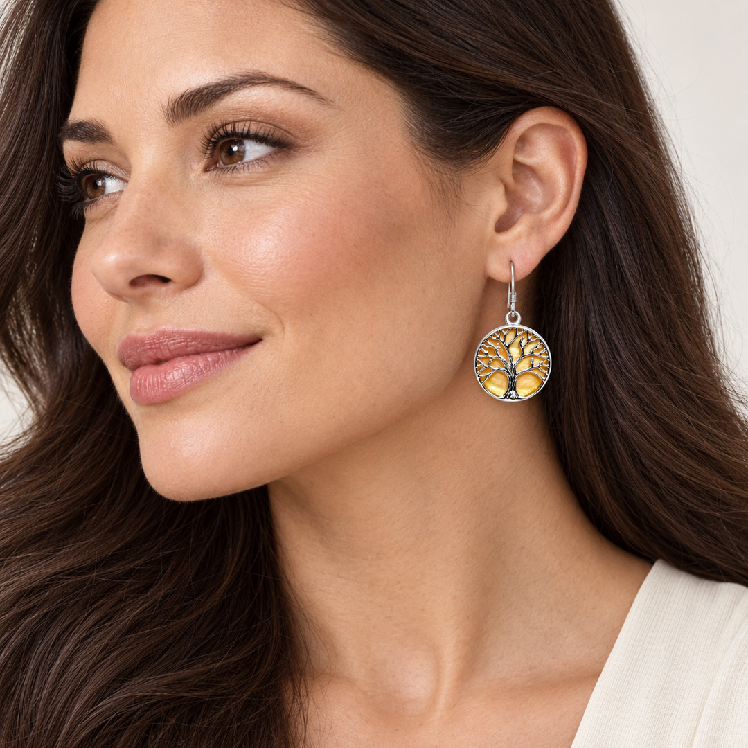 Golden Mother-of-Pearl Tree of Life Sterling Silver Earrings