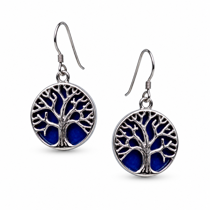 Created Blue Lapis Tree of Life Sterling Silver Earrings