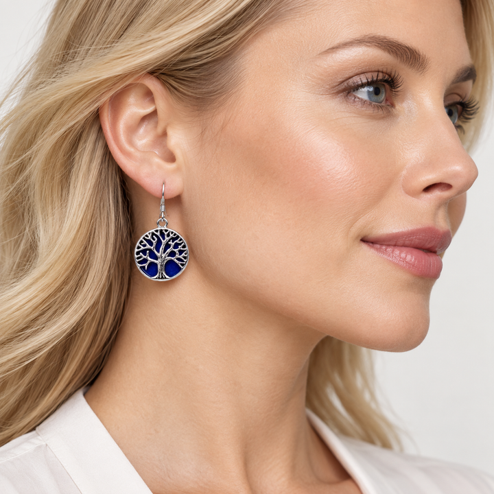 Created Blue Lapis Tree of Life Sterling Silver Earrings