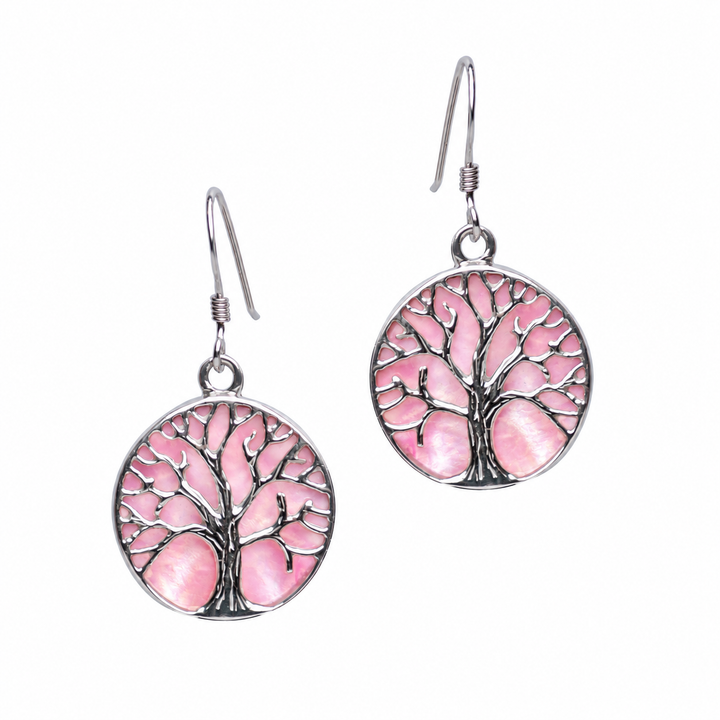 Pale Pink Mother-of-Pearl Tree of Life Sterling Silver Earrings