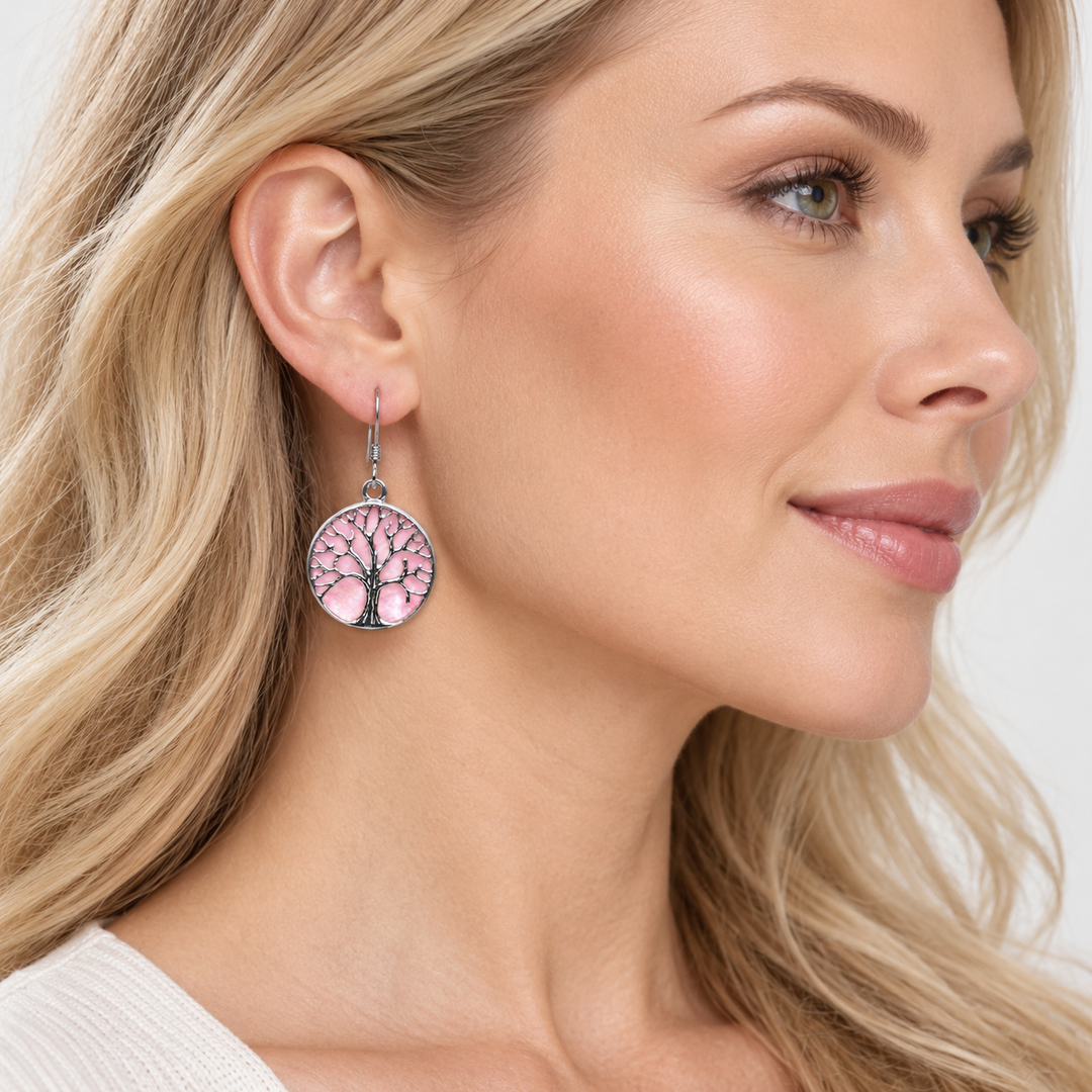 Pale Pink Mother-of-Pearl Tree of Life Sterling Silver Earrings