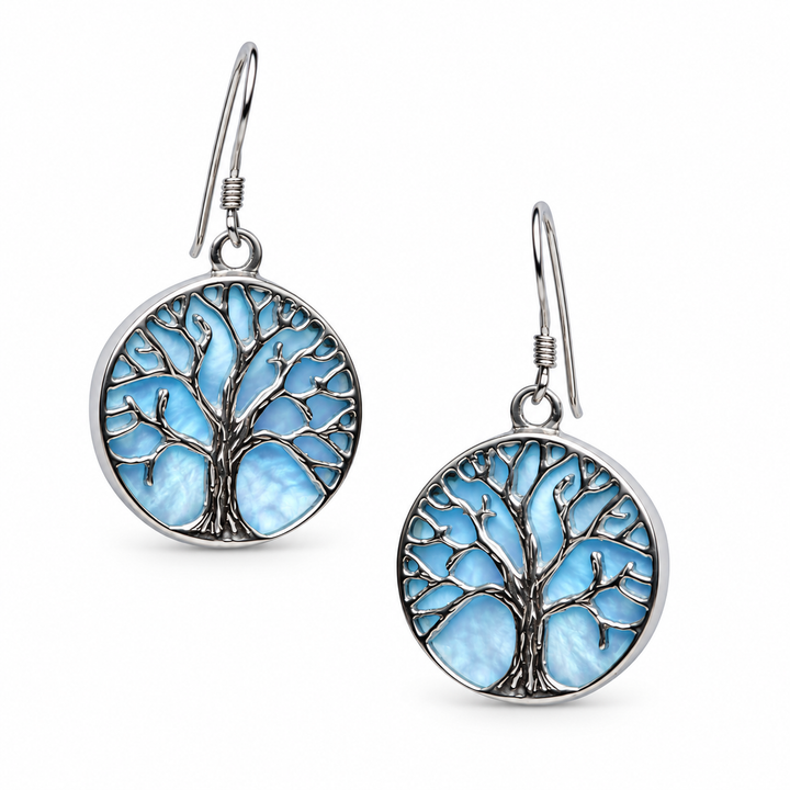 Pale Blue Mother-of-Pearl Tree of Life Sterling Silver Earrings