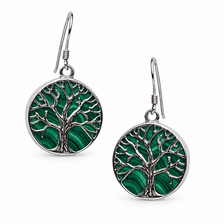 Created Green Malachite Tree of Life Dangle Earrings in Rhodium-Plated Sterling Silver – 1.38 Inch Drop