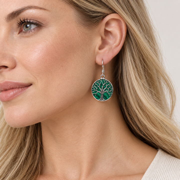 Created Green Malachite Tree of Life Dangle Earrings in Rhodium-Plated Sterling Silver – 1.38 Inch Drop
