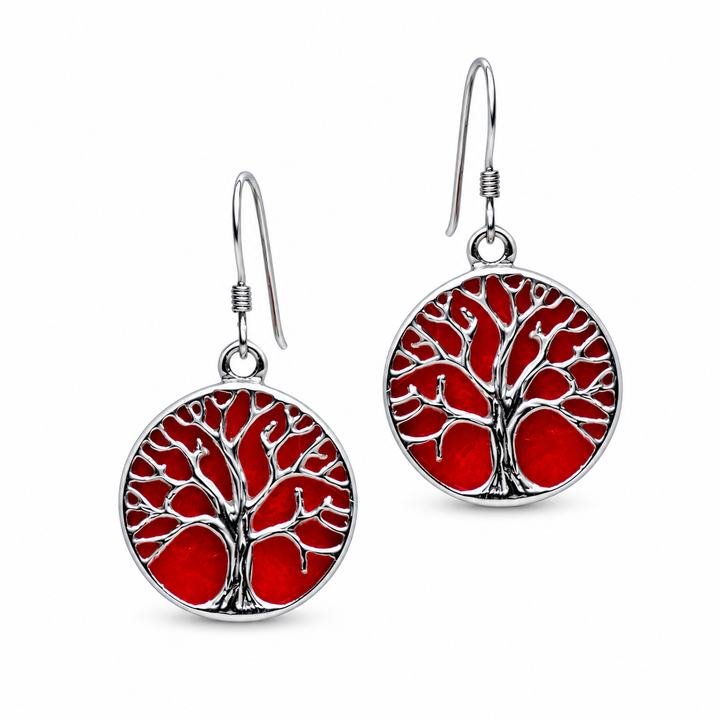 Created Red Coral Tree oCreated Red Coral Tree of Life Dangle Earrings in Rhodium-Plated Sterling Silver – 1.38 Inch Drop Life Earrings