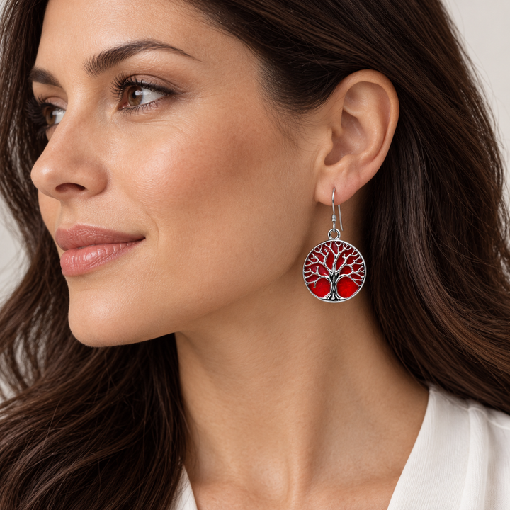 Created Red Coral Tree oCreated Red Coral Tree of Life Dangle Earrings in Rhodium-Plated Sterling Silver – 1.38 Inch Drop Life Earrings