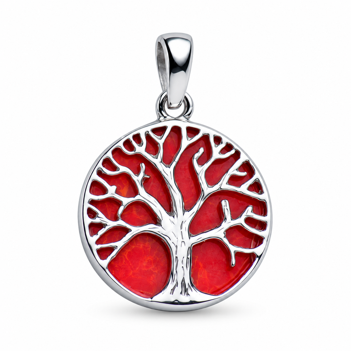Created Red Coral Tree of Life Pendant in Rhodium-Plated Sterling Silver – 1.1 Inch Symbolic Jewelry