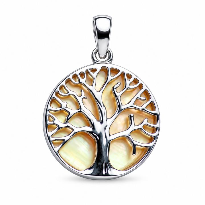 Golden Mother of Pearl Tree of Life Pendant Necklace in Rhodium-Plated Sterling Silver with 16 Inch Chain