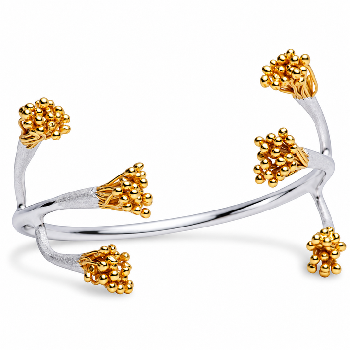 Two-Tone Botanical Tree Branch Open Cuff Bangle Bracelet in Sterling Silver with 18K Yellow Gold-Plated Floral Accents