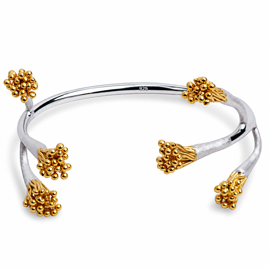 Two-Tone Botanical Tree Branch Open Cuff Bangle Bracelet in Sterling Silver with 18K Yellow Gold-Plated Floral Accents