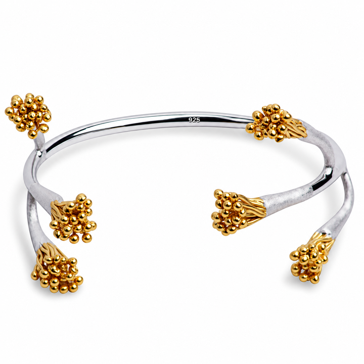 Two-Tone Botanical Tree Branch Open Cuff Bangle Bracelet in Sterling Silver with 18K Yellow Gold-Plated Floral Accents