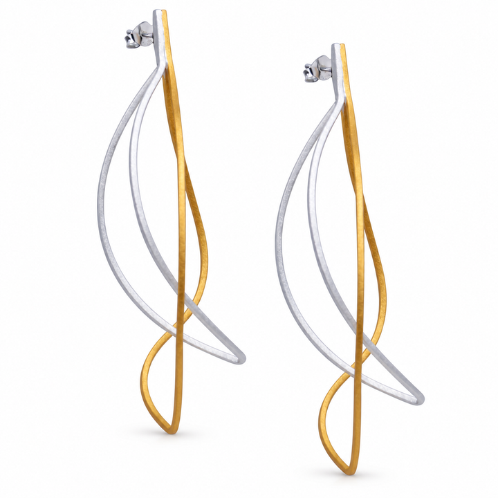 Long Abstract Two-Tone Drop Earrings in 18K Yellow Gold Over 925 Sterling Silver – Matte Finish Designer Earrings – 2.5 Inch