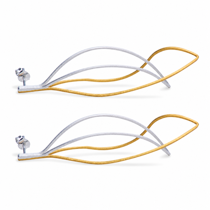 Long Abstract Two-Tone Drop Earrings in 18K Yellow Gold Over 925 Sterling Silver – Matte Finish Designer Earrings – 2.5 Inch