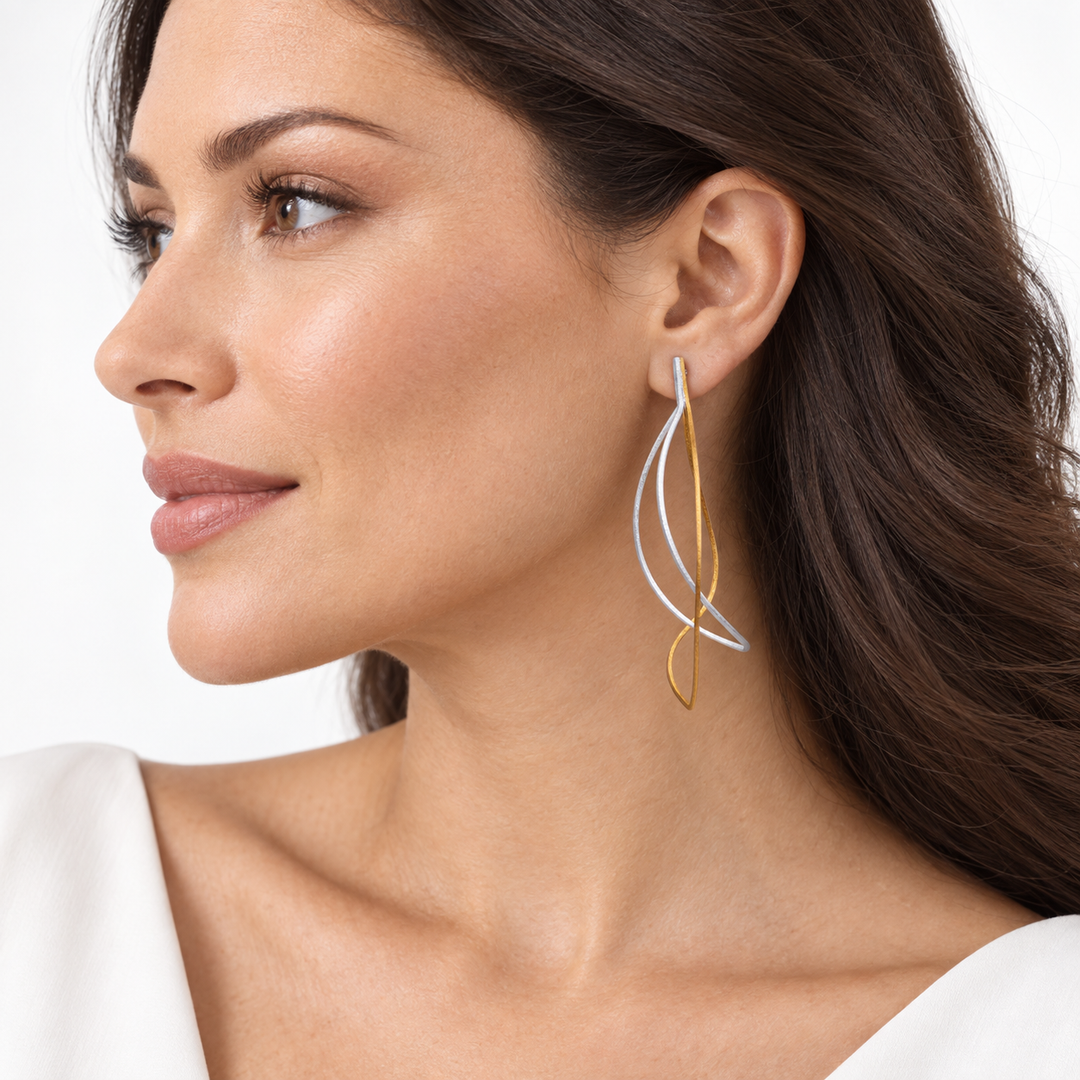 Long Abstract Two-Tone Drop Earrings in 18K Yellow Gold Over 925 Sterling Silver – Matte Finish Designer Earrings – 2.5 Inch
