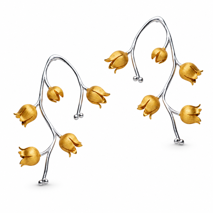 Two-Tone Floral Branch Drop Earrings in 18K Yellow Gold Over Sterling Silver – Matte Blossom Statement Earrings – 1.95 Inch