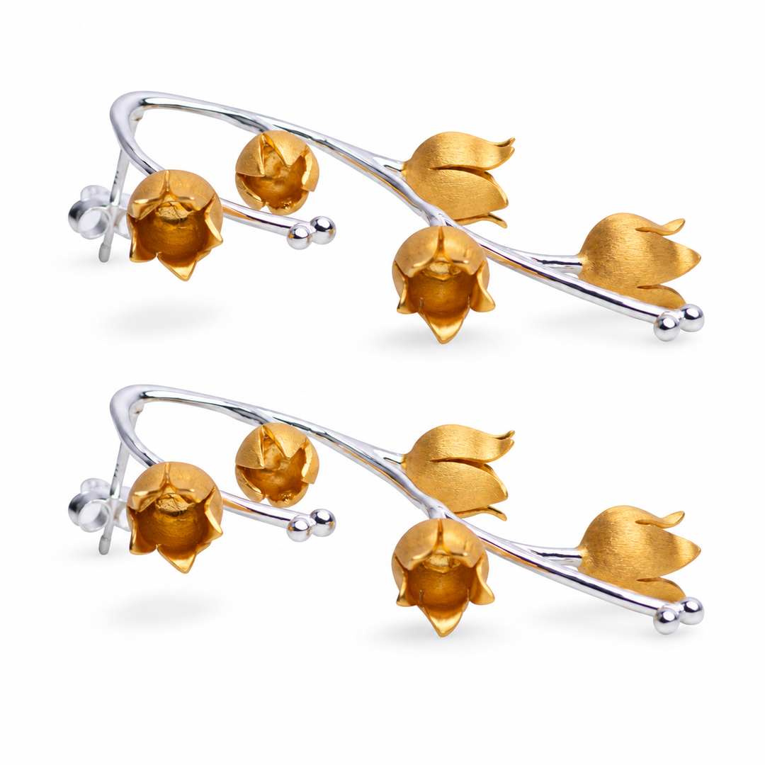Two-Tone Floral Branch Drop Earrings in 18K Yellow Gold Over Sterling Silver – Matte Blossom Statement Earrings – 1.95 Inch
