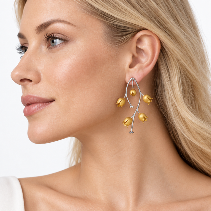 Two-Tone Floral Branch Drop Earrings in 18K Yellow Gold Over Sterling Silver – Matte Blossom Statement Earrings – 1.95 Inch
