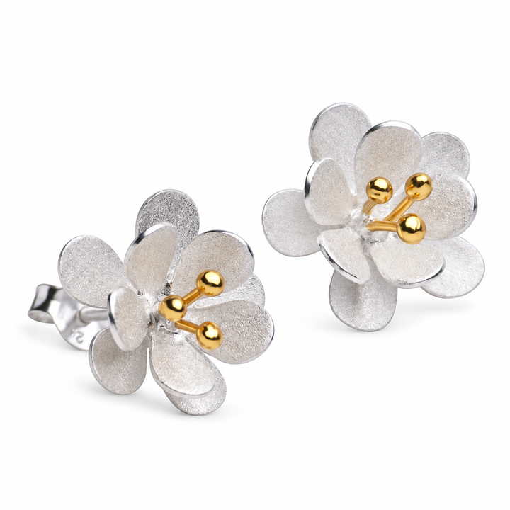 Two-Tone Matte Floral Stud Earrings in Sterling Silver with 18K Yellow Gold-Plated Accents – 0.5 Inch