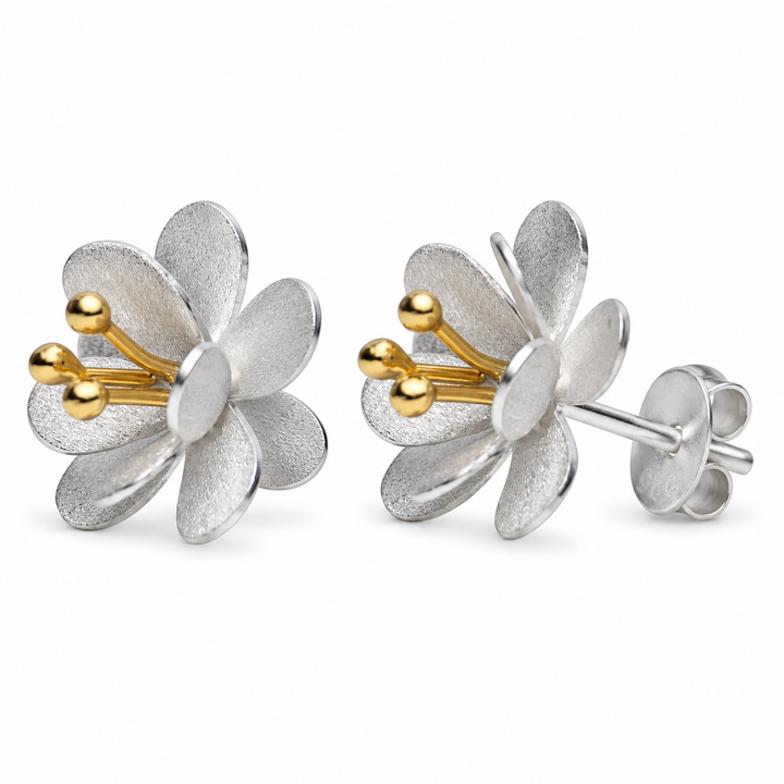 Two-Tone Matte Floral Stud Earrings in Sterling Silver with 18K Yellow Gold-Plated Accents – 0.5 Inch