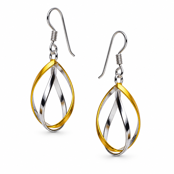 Two-Tone Slow Twist Drop Earrings in Sterling Silver and 14K Yellow Gold Plate – 1.40 Inch Fishhook Dangles