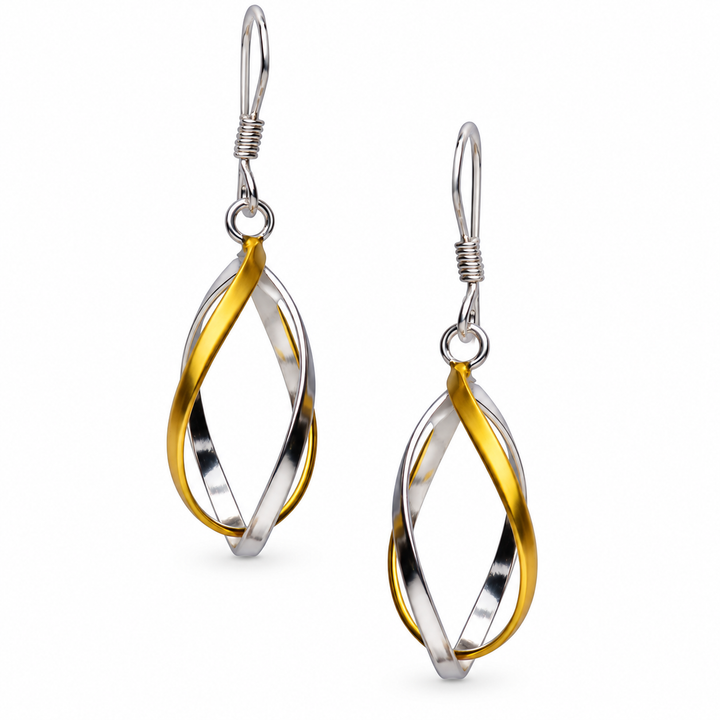 Two-Tone Slow Twist Drop Earrings in Sterling Silver and 14K Yellow Gold Plate – 1.40 Inch Fishhook Dangles