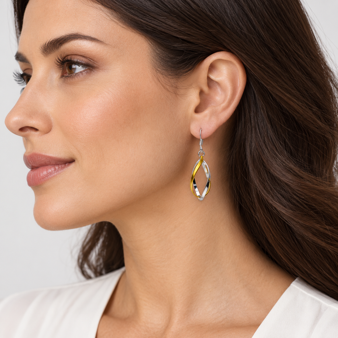 Two-Tone Slow Twist Drop Earrings in Sterling Silver and 14K Yellow Gold Plate – 1.40 Inch Fishhook Dangles