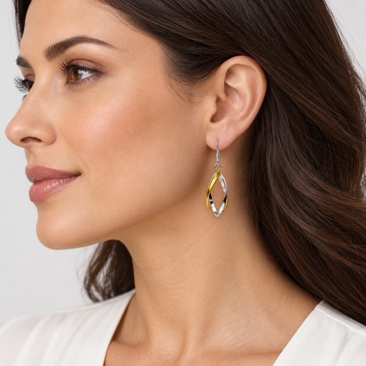 Two-Tone Slow Twist Drop Earrings in Sterling Silver and 14K Yellow Gold Plate – 1.40 Inch Fishhook Dangles