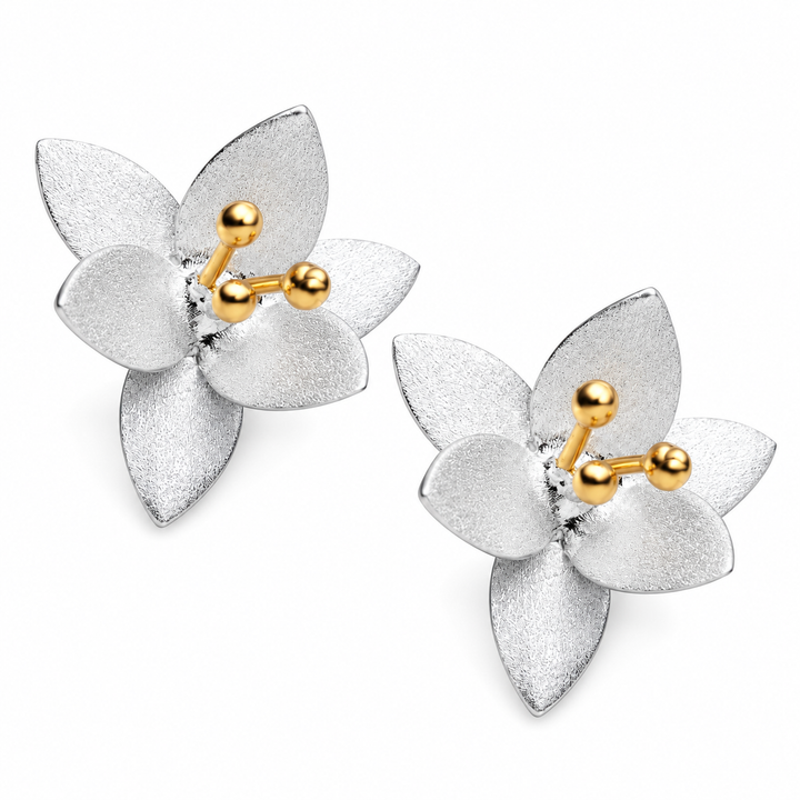 Two-Tone Matte Floral Stud Earrings in Sterling Silver with 18K Yellow Gold-Plated Accents – 0.50 Inch