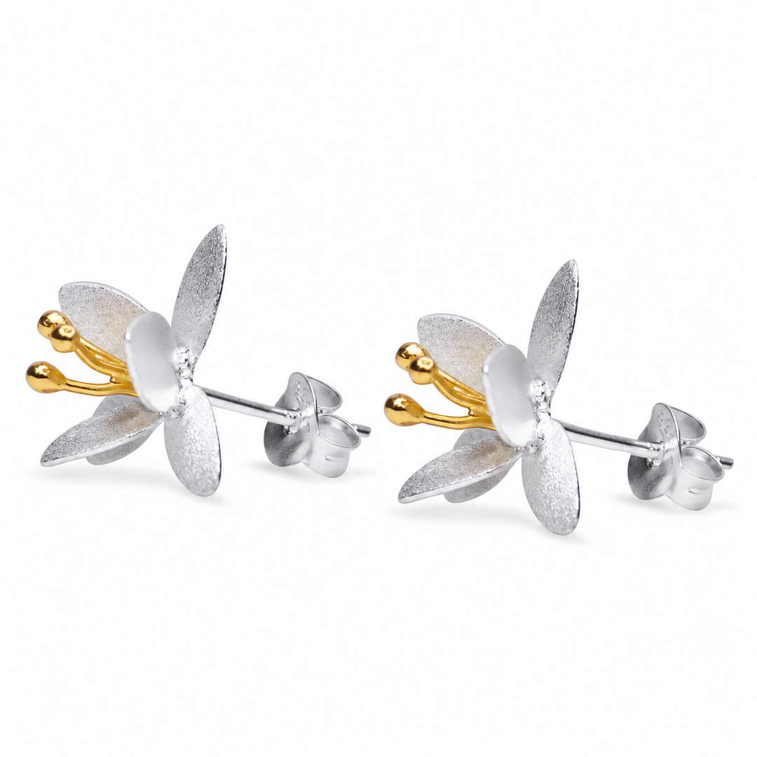 Two-Tone Matte Floral Stud Earrings in Sterling Silver with 18K Yellow Gold-Plated Accents – 0.50 Inch