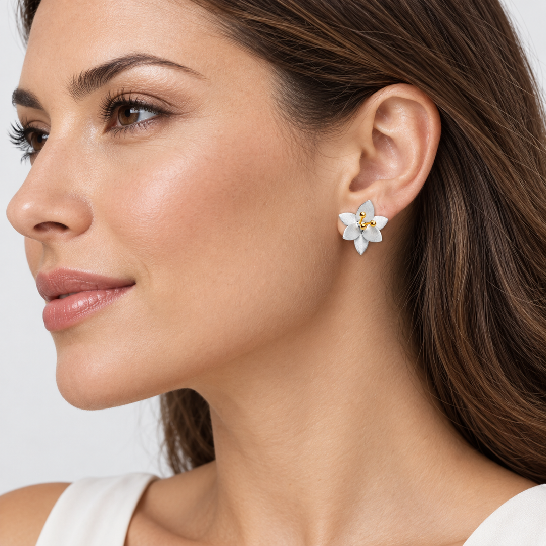 Two-Tone Matte Floral Stud Earrings in Sterling Silver with 18K Yellow Gold-Plated Accents – 0.50 Inch