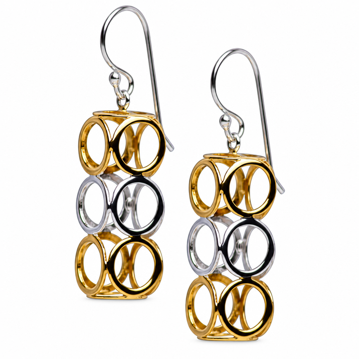 Two-Tone Geometric Drop Earrings in 925 Sterling Silver with 18K Yellow Gold Plating – Polished 1.50-Inch Fishhook Dangle Earrings