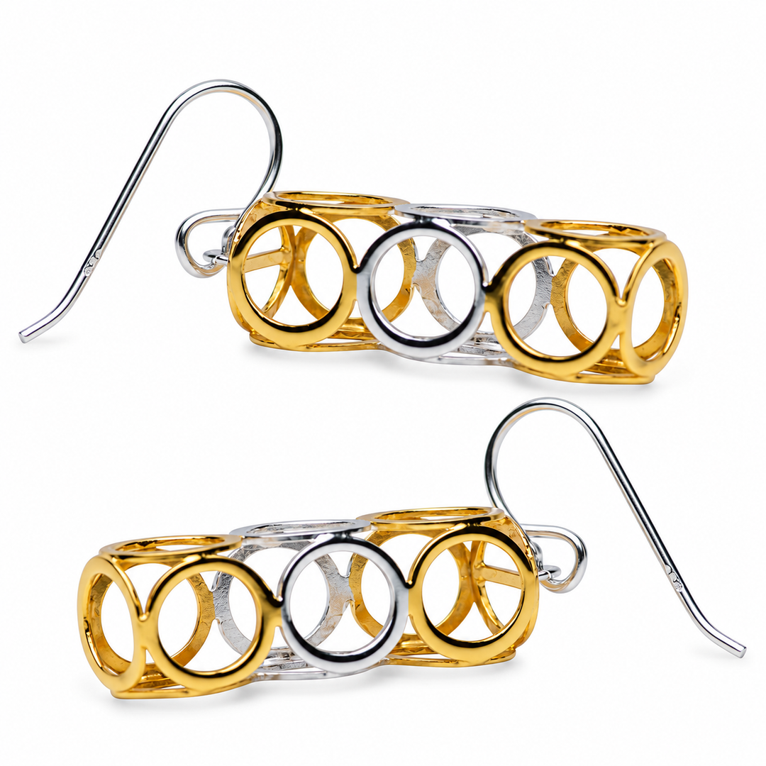 Two-Tone Geometric Drop Earrings in 925 Sterling Silver with 18K Yellow Gold Plating – Polished 1.50-Inch Fishhook Dangle Earrings