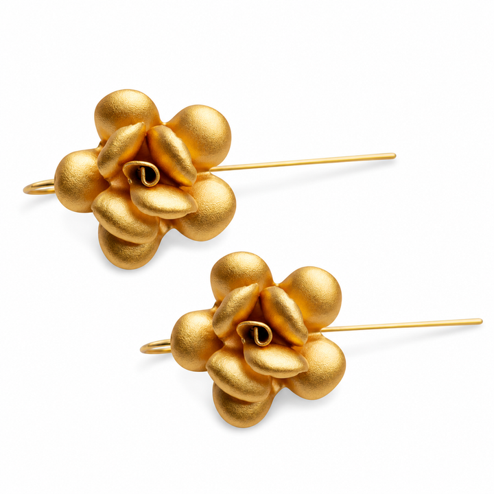 Matte 18K Yellow Gold-Plated Sterling Silver Blossom Earrings – Dimensional Floral Fishhook Drop Earrings, 1 Inch