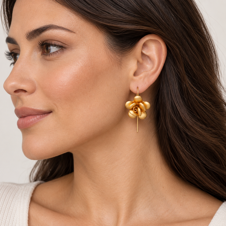 Matte 18K Yellow Gold-Plated Sterling Silver Blossom Earrings – Dimensional Floral Fishhook Drop Earrings, 1 Inch
