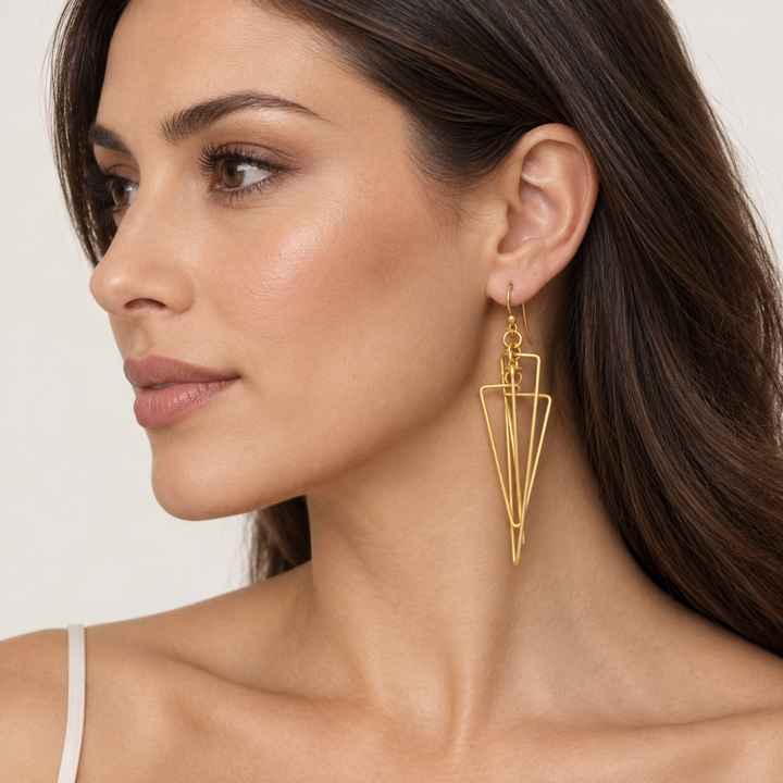 Art Deco Geometric Drop Earrings in Matte 18K Yellow Gold-Plated Sterling Silver – 2.6-Inch Fishhook Statement Earrings