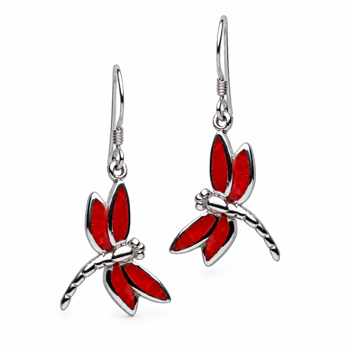 Created Red Coral Dragonfly Drop Earrings in Rhodium-Plated Sterling Silver – 1.33-Inch Fishhook Earrings