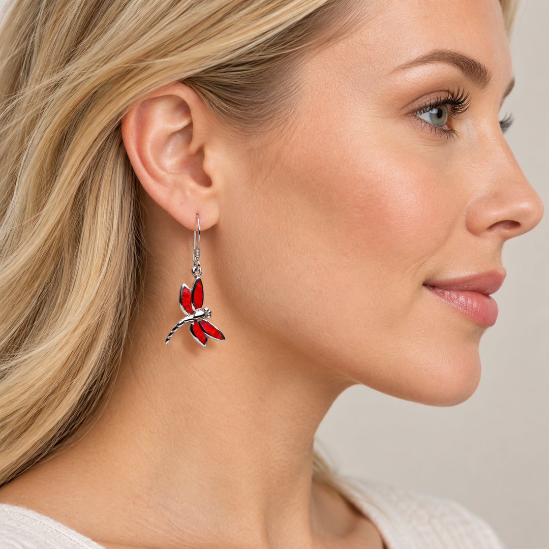 Created Red Coral Dragonfly Drop Earrings in Rhodium-Plated Sterling Silver – 1.33-Inch Fishhook Earrings