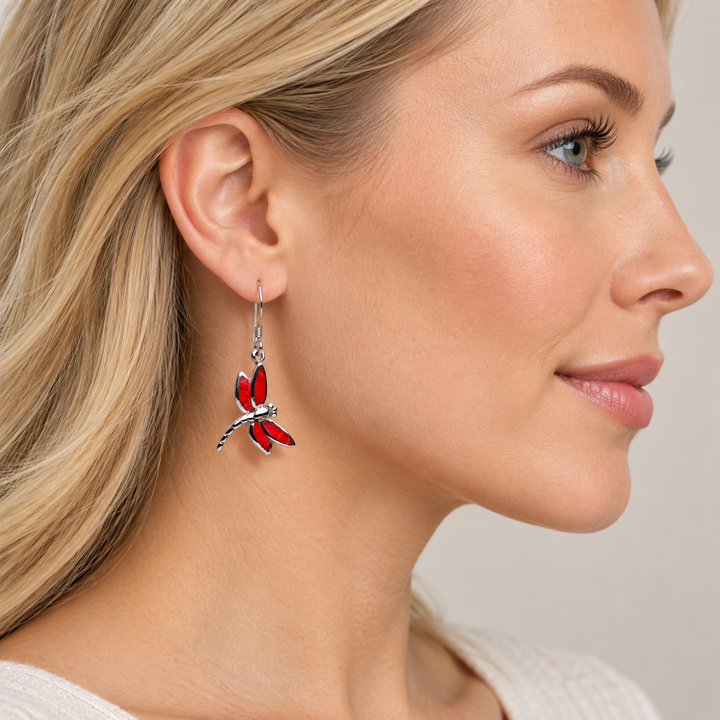 Created Red Coral Dragonfly Drop Earrings in Rhodium-Plated Sterling Silver – 1.33-Inch Fishhook Earrings