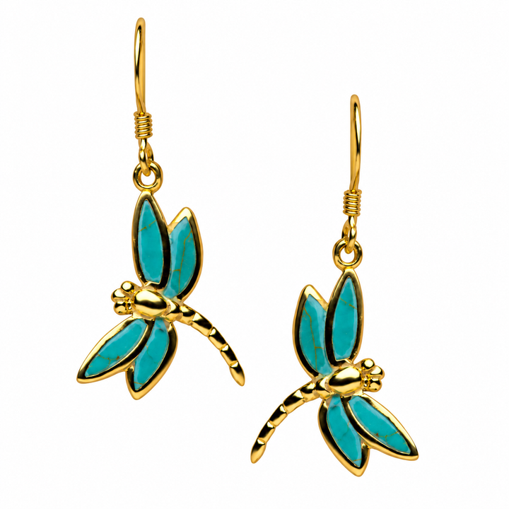 Created Green Turquoise Dragonfly Drop Earrings in 14K Yellow Gold-Plated Sterling Silver – 1.33-Inch Fishhook Earrings