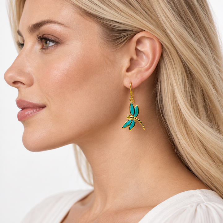 Created Green Turquoise Dragonfly Drop Earrings in 14K Yellow Gold-Plated Sterling Silver – 1.33-Inch Fishhook Earrings